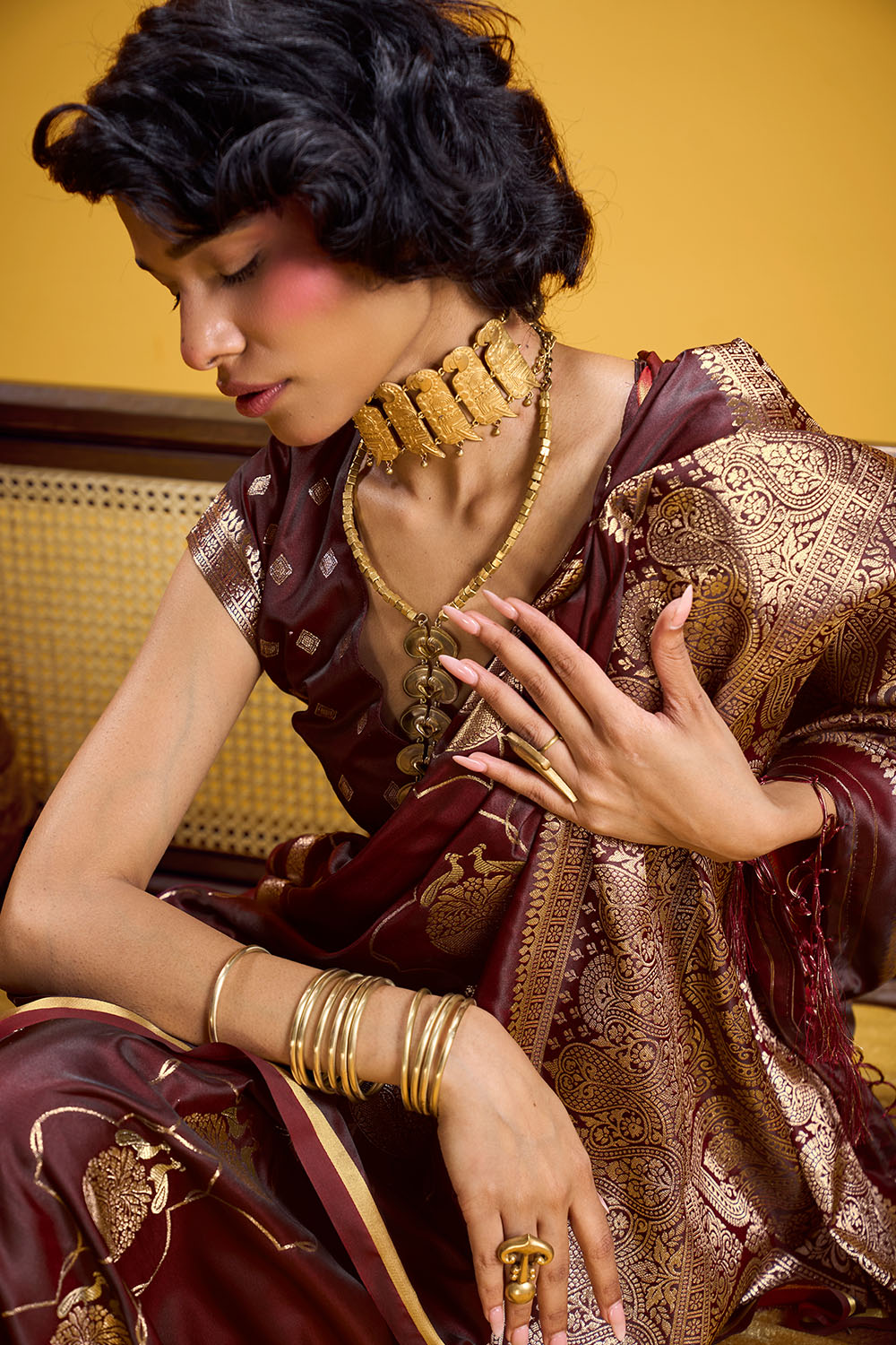 Vama Brown Pure Satin Handloom Weaving Ready to Wear Saree