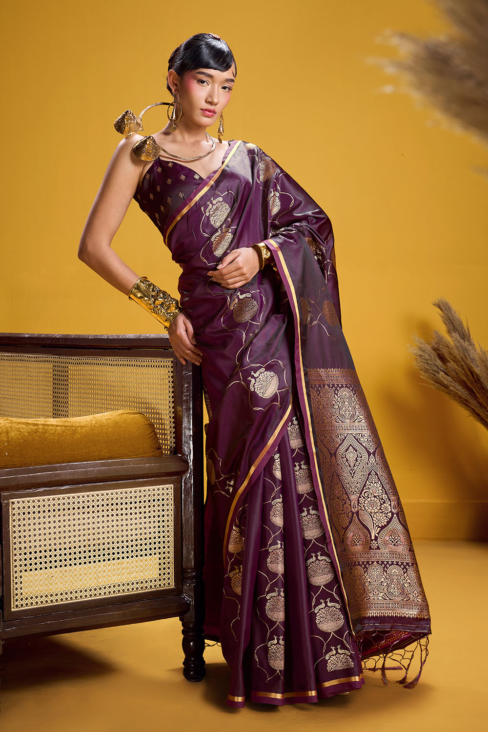 Vama Wine Pure Satin Handloom Weaving Ready to Wear Saree