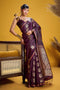 Vama Wine Pure Satin Handloom Weaving Ready to Wear Saree