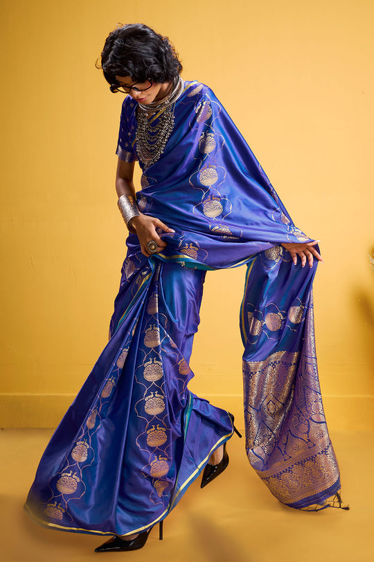 Vama Royal Blue Pure Satin Handloom Weaving Ready to Wear Saree
