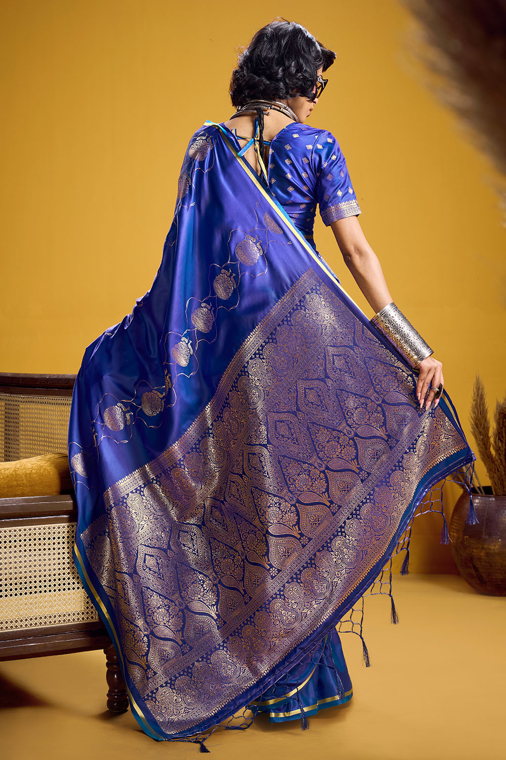 Vama Royal Blue Pure Satin Handloom Weaving Ready to Wear Saree