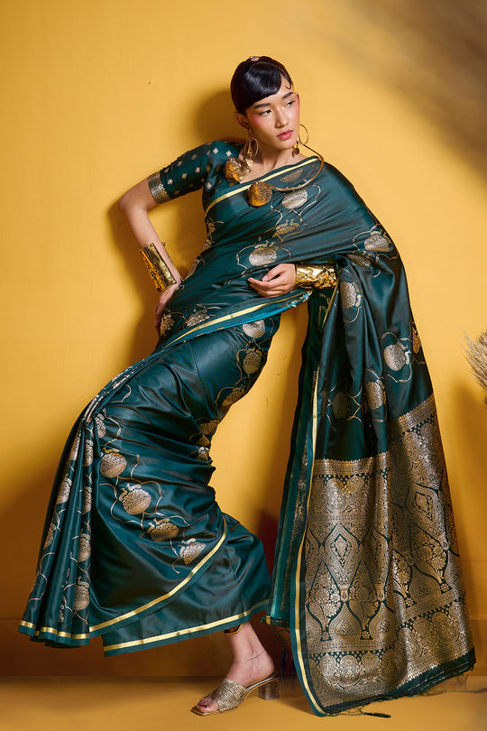 Vama Bottle Green Pure Satin Handloom Weaving Ready to Wear Saree