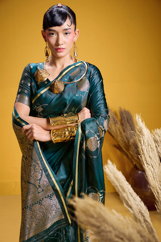 Vama Bottle Green Pure Satin Handloom Weaving Ready to Wear Saree