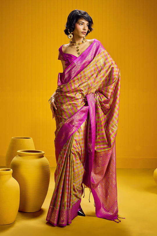 Rubia Rani Pink &amp; Gold Pure Silk Handloom Zari Checkered Ready to Wear Saree