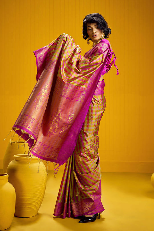 Rubia Rani Pink &amp; Gold Pure Silk Handloom Zari Checkered Ready to Wear Saree