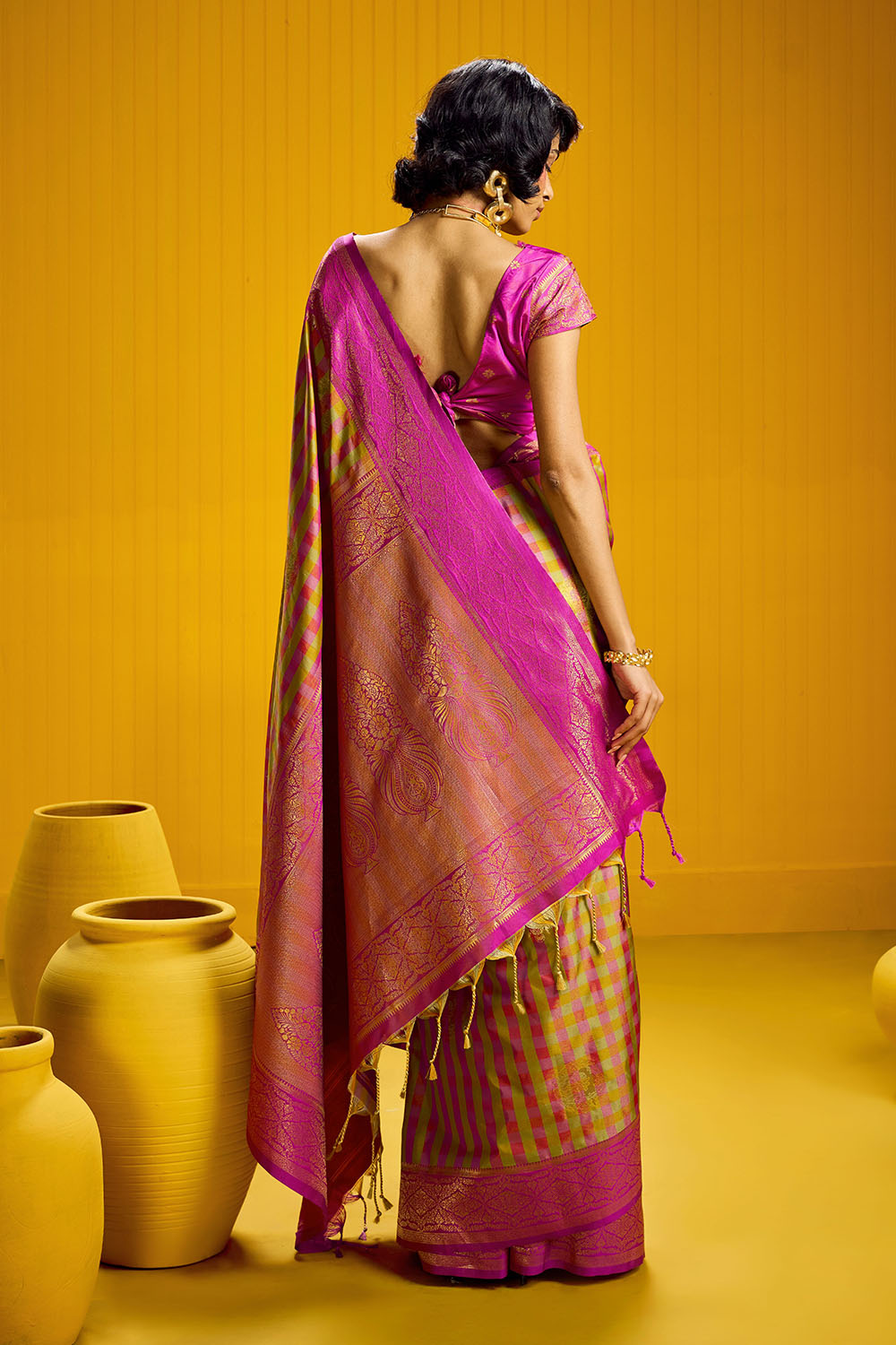 Rubia Rani Pink &amp; Gold Pure Silk Handloom Zari Checkered Ready to Wear Saree
