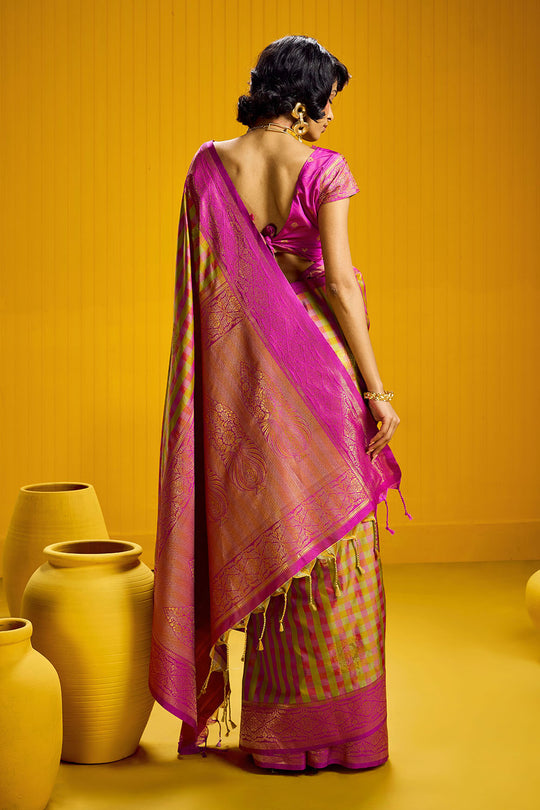 Rubia Rani Pink &amp; Gold Pure Silk Handloom Zari Checkered Ready to Wear Saree