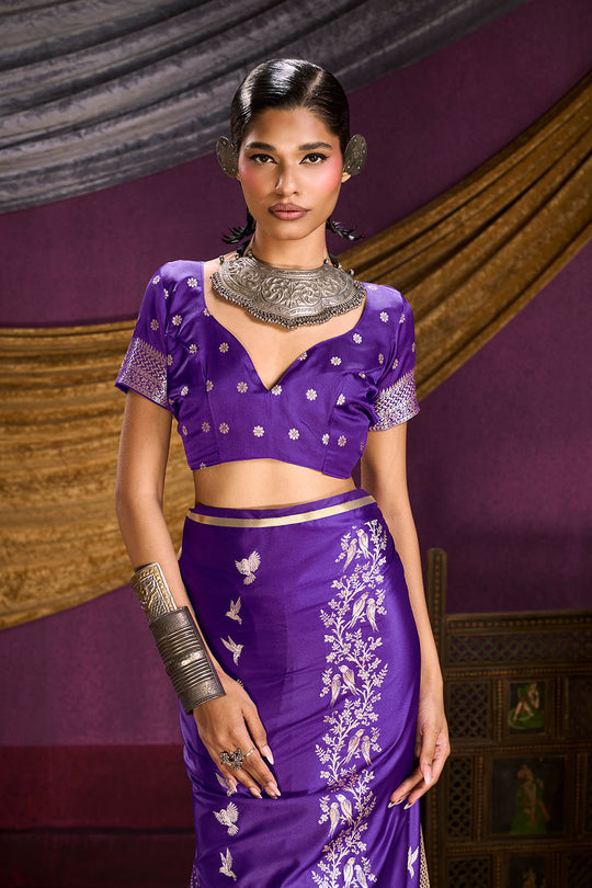 Akari Royal Purple Pure Satin Handloom Weaving Silk Ready to Wear Saree