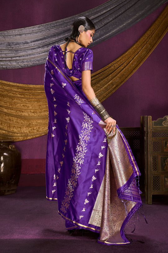 Akari Royal Purple Pure Satin Handloom Weaving Silk Ready to Wear Saree