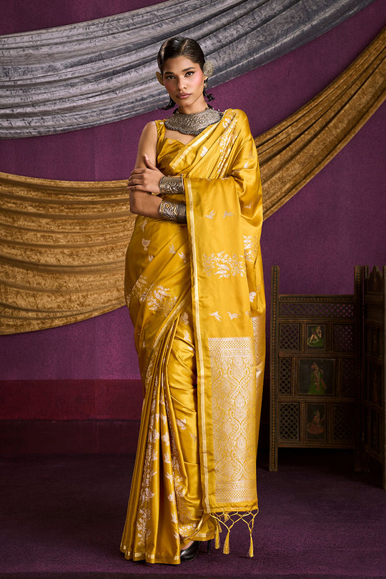 Akari Mustard Yellow Pure Satin Handloom Weaving Silk Ready to Wear Saree
