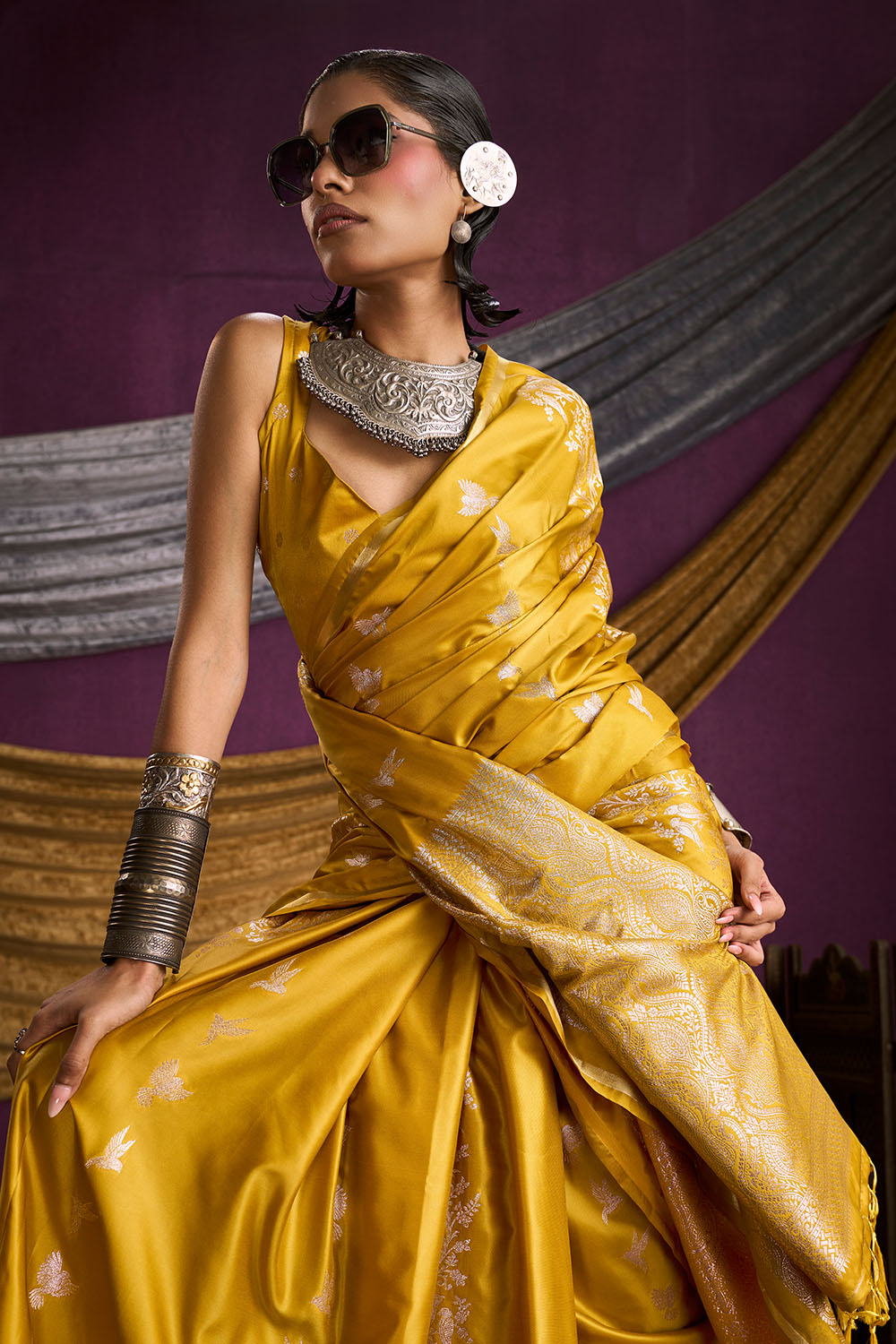 Akari Mustard Yellow Pure Satin Handloom Weaving Silk Ready to Wear Saree