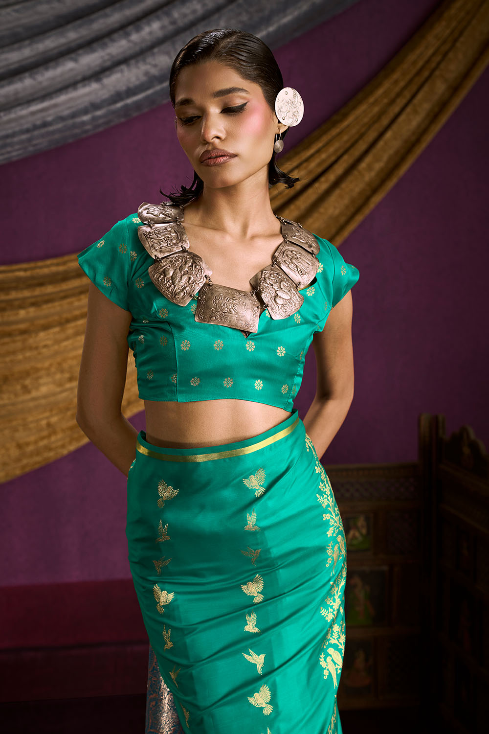 Akari Emerald Green Pure Satin Handloom Weaving Silk Ready to Wear Saree