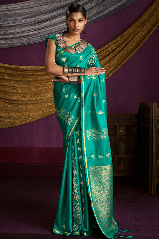 Akari Emerald Green Pure Satin Handloom Weaving Silk Ready to Wear Saree