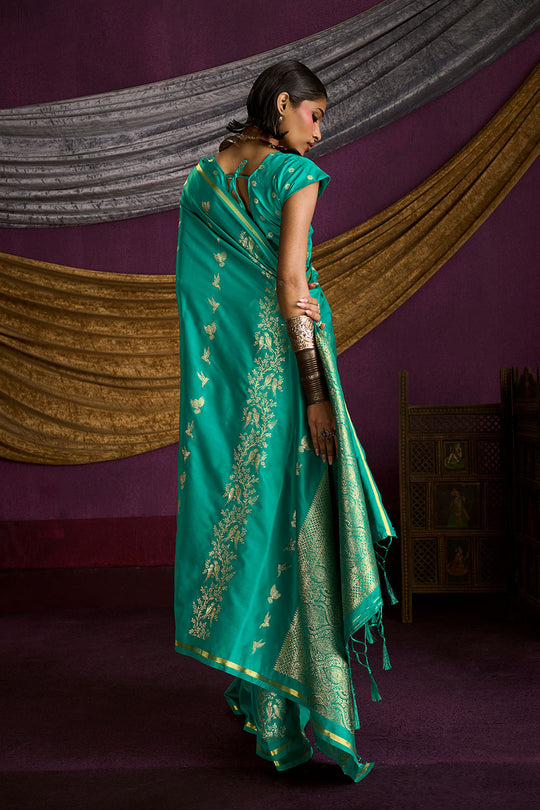 Akari Emerald Green Pure Satin Handloom Weaving Silk Ready to Wear Saree