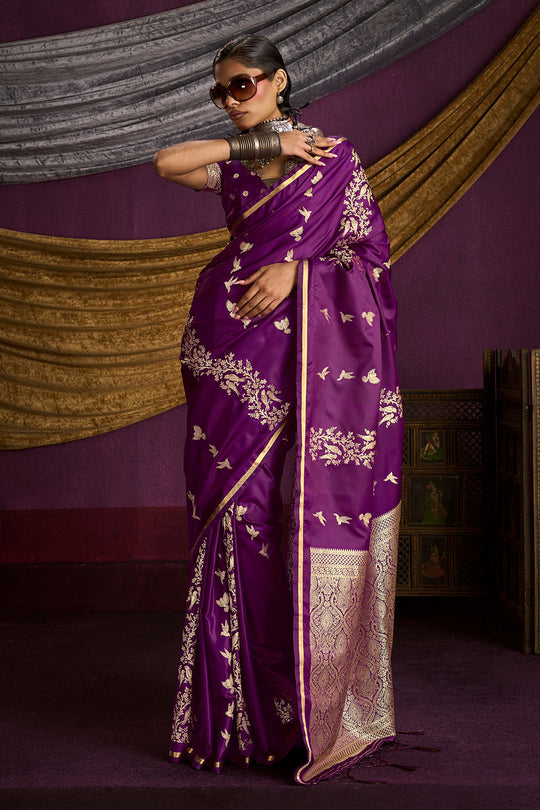 Akari Wine Purple Pure Satin Handloom Weaving Silk Ready to Wear Saree