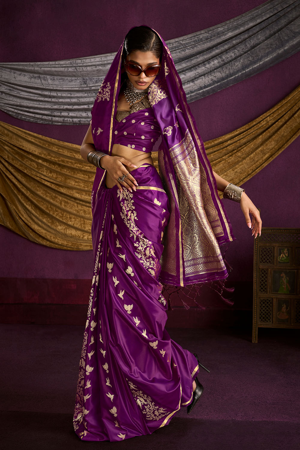 Akari Wine Purple Pure Satin Handloom Weaving Silk Ready to Wear Saree