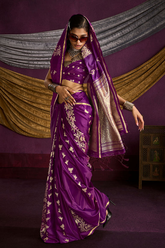 Akari Wine Purple Pure Satin Handloom Weaving Silk Ready to Wear Saree