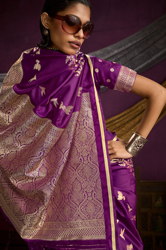 Akari Wine Purple Pure Satin Handloom Weaving Silk Ready to Wear Saree