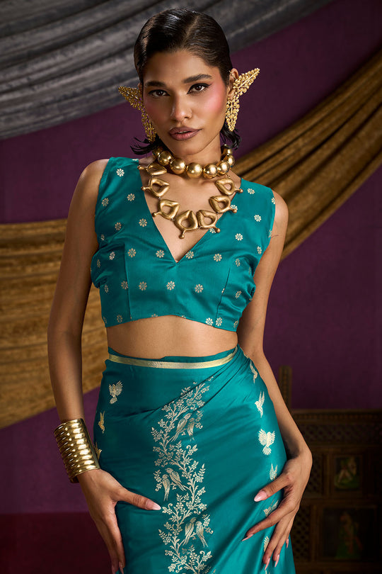 Akari Teal Blue Pure Satin Handloom Weaving Silk Ready to Wear Saree