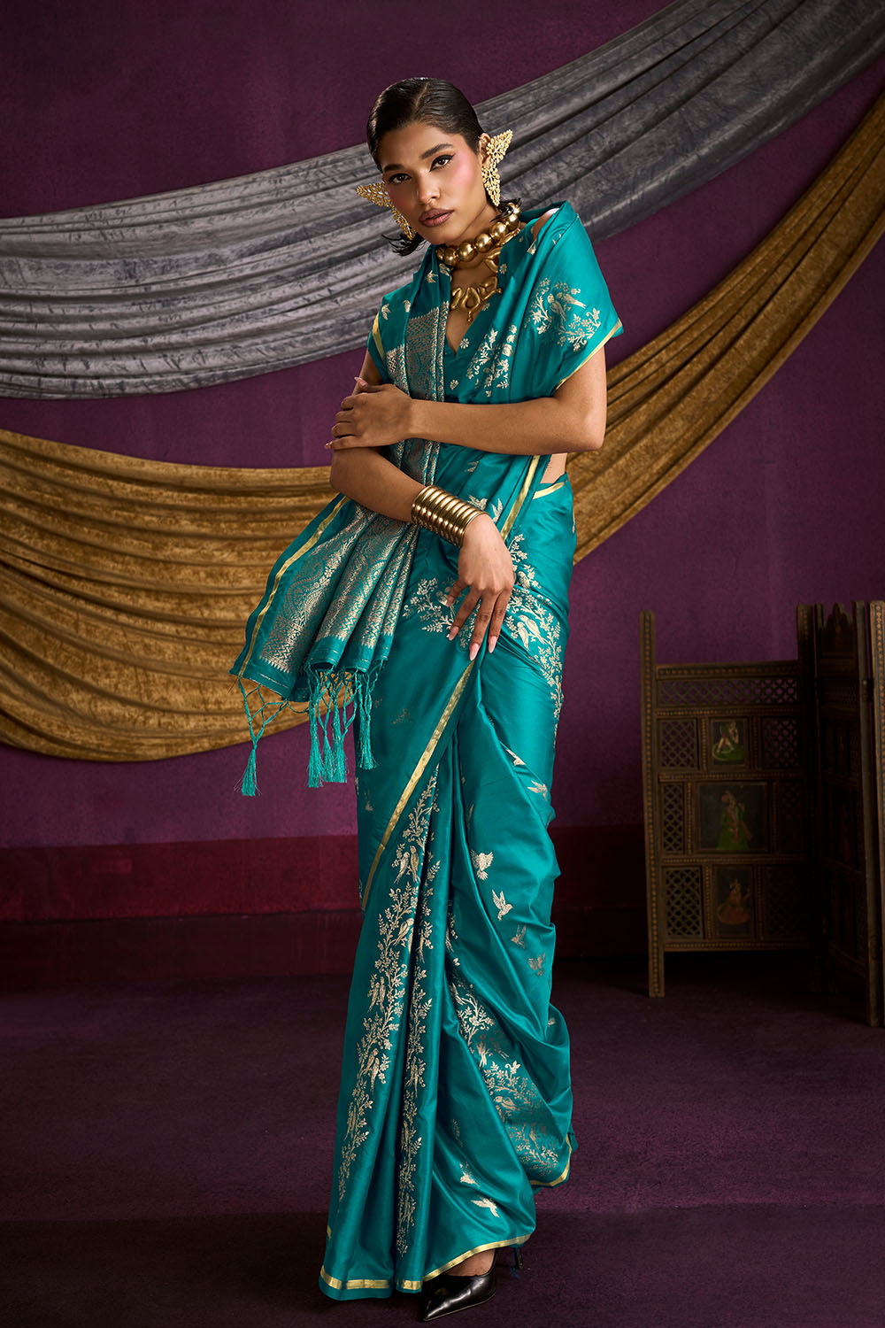 Akari Teal Blue Pure Satin Handloom Weaving Silk Ready to Wear Saree