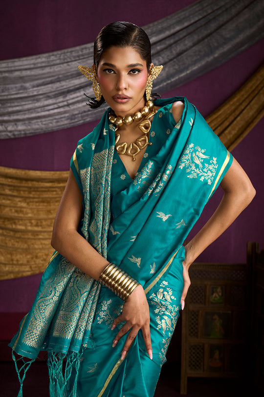 Akari Teal Blue Pure Satin Handloom Weaving Silk Ready to Wear Saree