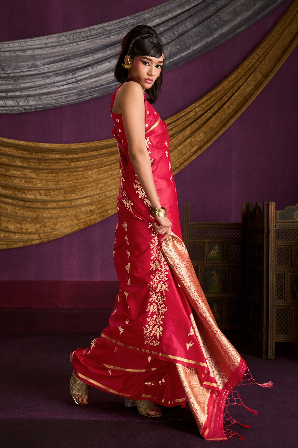 Akari Crimson Red Pure Satin Handloom Weaving Silk Ready to Wear Saree