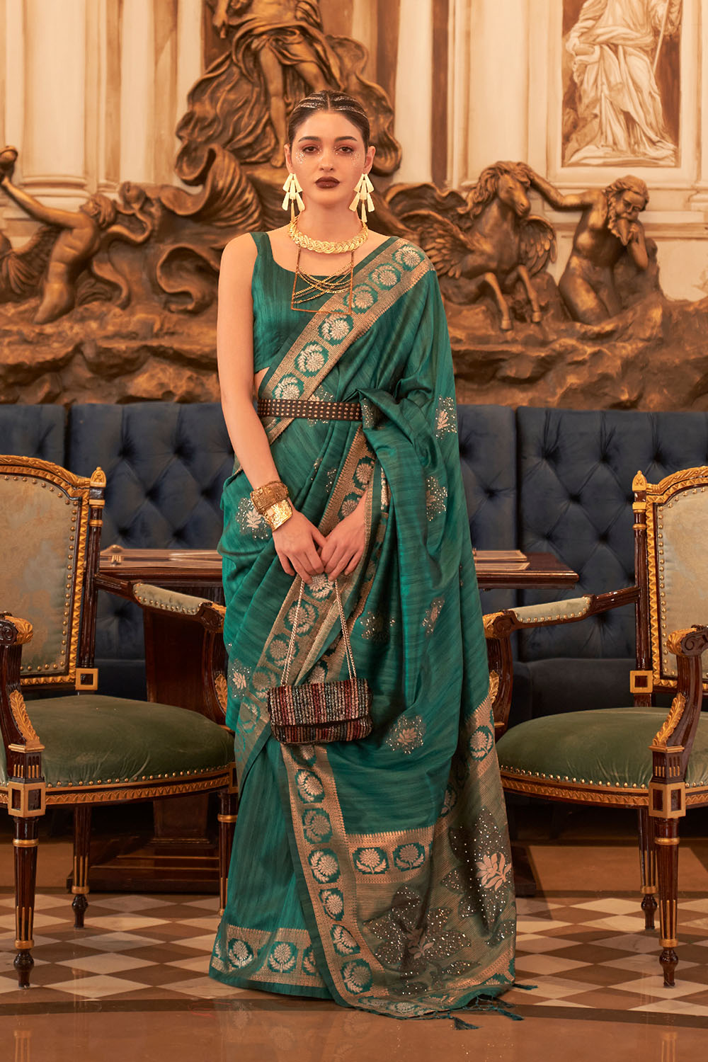 Siyara Green Tissue Woven Ready to Wear One Minute Saree