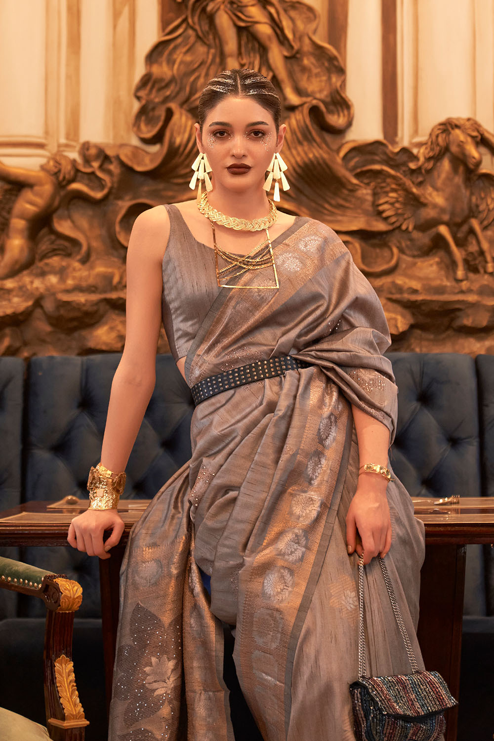 Siyara Grey Tissue Woven Ready to Wear One Minute Saree