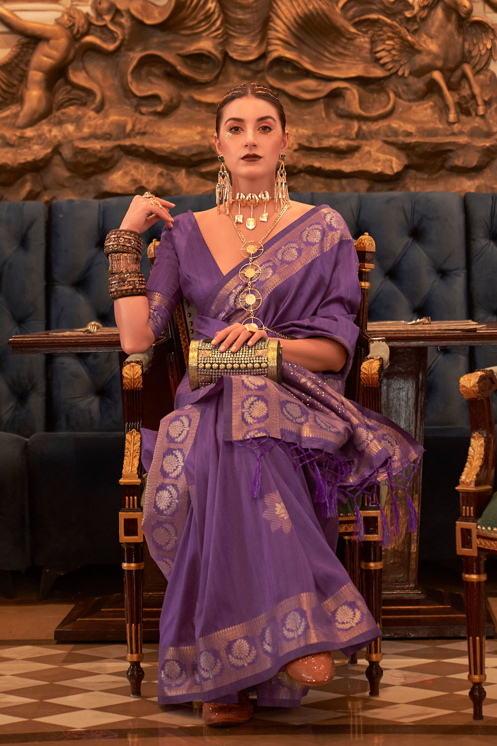 Siyara Purple Tissue Woven Ready to Wear One Minute Saree