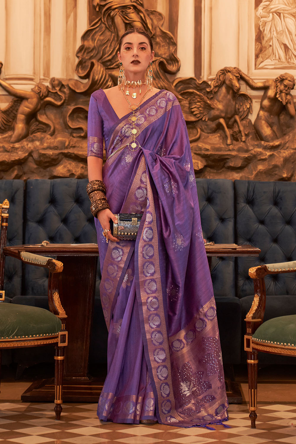 Siyara Purple Tissue Woven Ready to Wear One Minute Saree