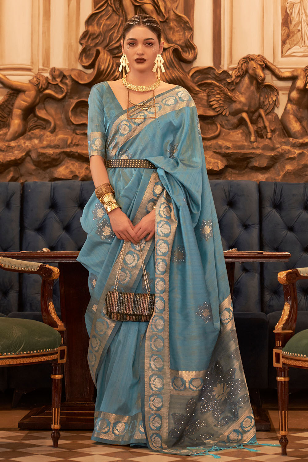 Siyara Blue Tissue Woven Ready to Wear One Minute Saree