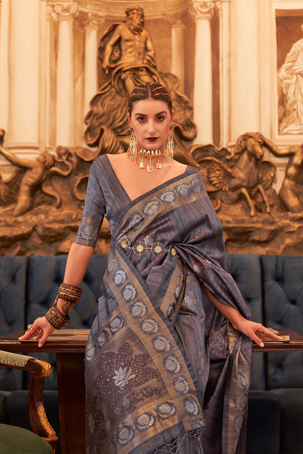 Siyara Black Tissue Woven Ready to Wear One Minute Saree