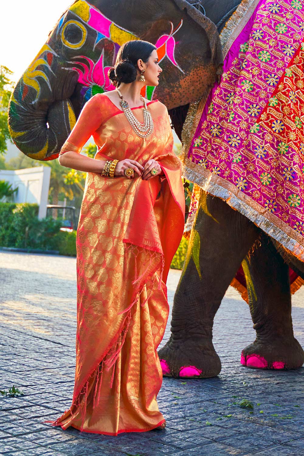 Tress Orange Handloom Weaving Silk One Minute Saree