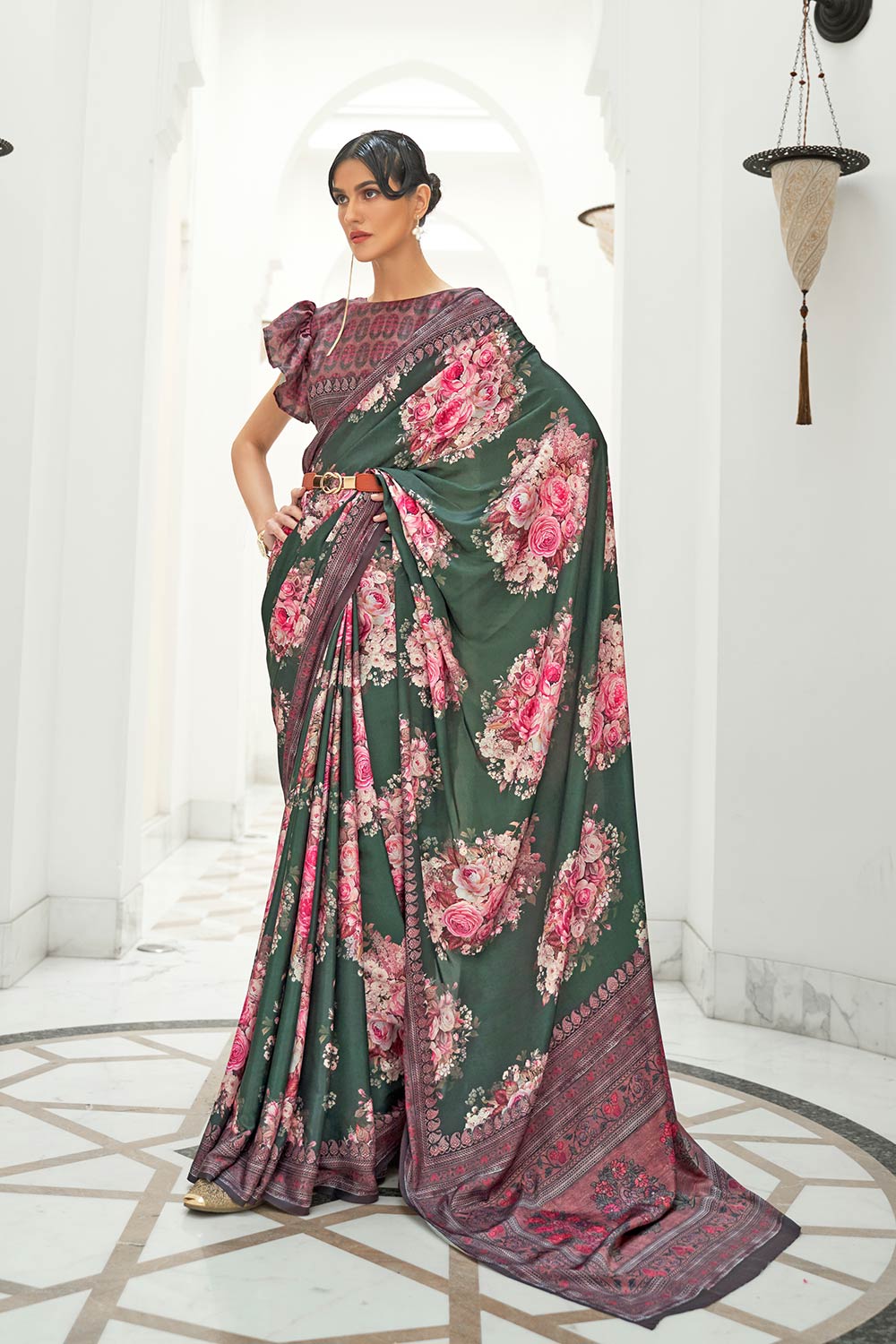 Kalamkari Green Printed Pure Silk One Minute Saree