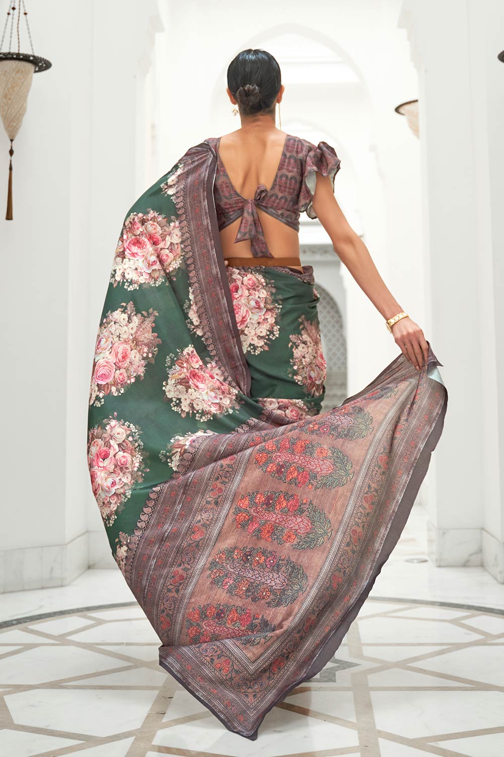 Kalamkari Green Printed Pure Silk One Minute Saree