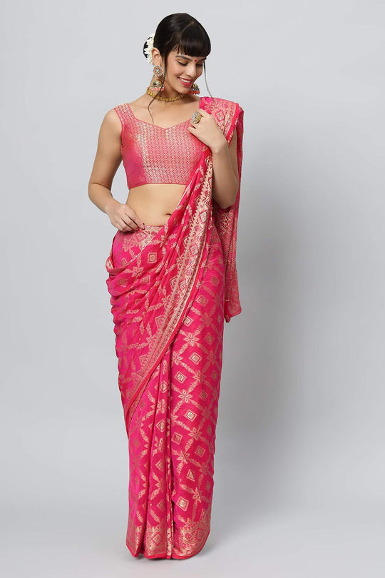 Sana Rani Pink & Gold Embroidered Georgette One Minute Saree