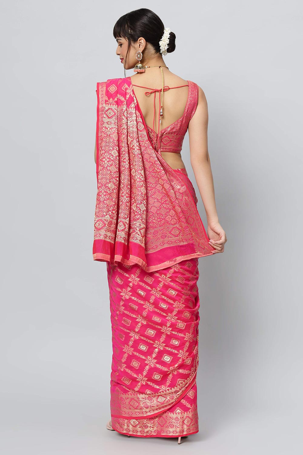 Sana Rani Pink & Gold Embroidered Georgette One Minute Saree
