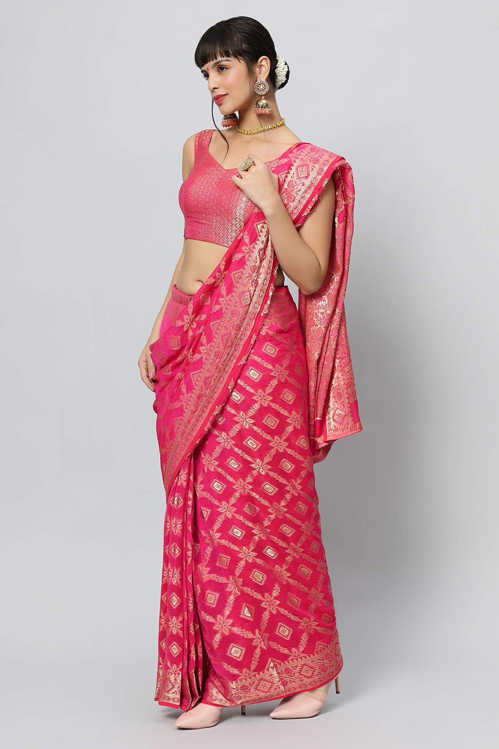 Sana Rani Pink & Gold Embroidered Georgette One Minute Saree