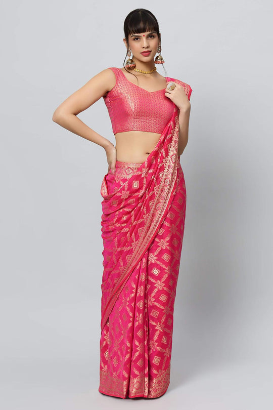 Sana Rani Pink & Gold Embroidered Georgette One Minute Saree