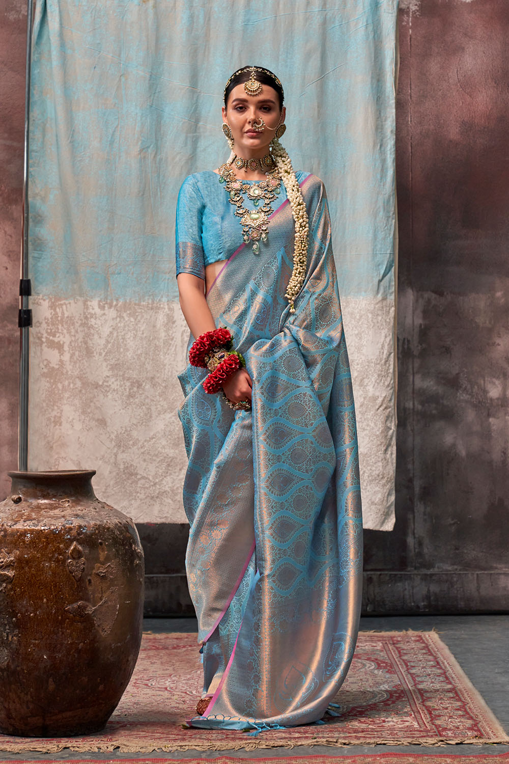 Jabari Blue Silk Woven Ready to Wear One Minute Saree