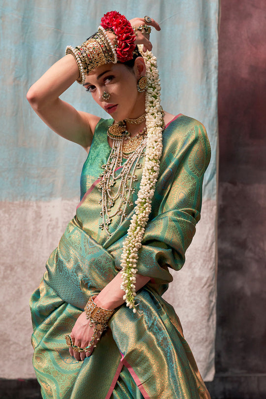 Jabari Green Silk Woven Ready to Wear One Minute Saree