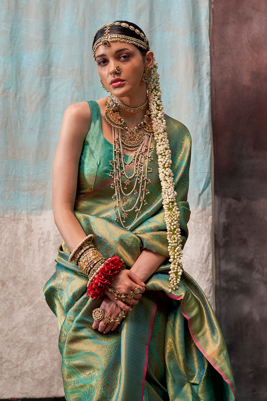 Jabari Green Silk Woven Ready to Wear One Minute Saree