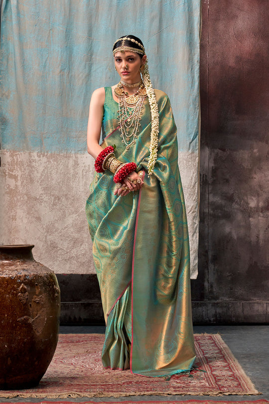 Jabari Green Silk Woven Ready to Wear One Minute Saree