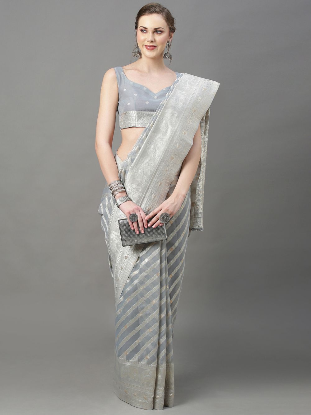 Liba Grey Cotton Zari One Minute Saree