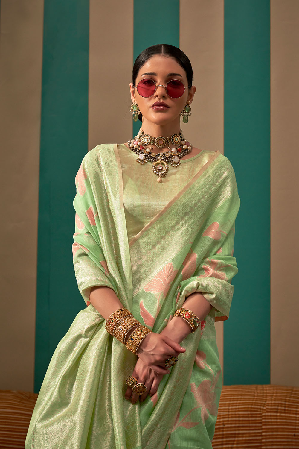 Nala Pistachio Green Silk Woven Ready to Wear One Minute Saree