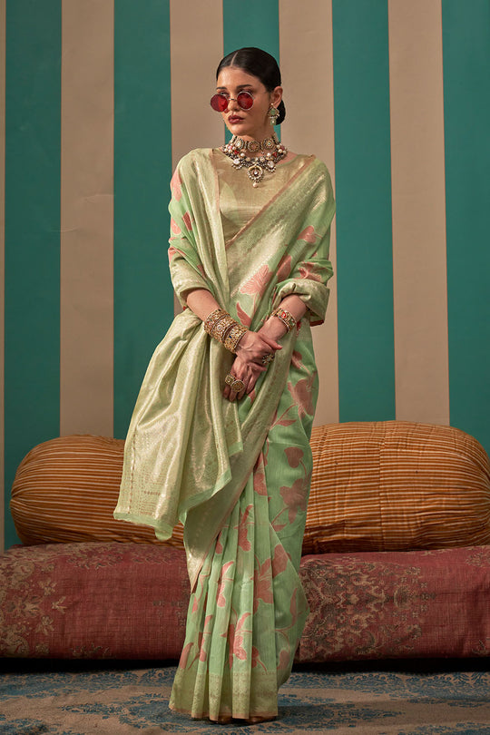 Nala Pistachio Green Silk Woven Ready to Wear One Minute Saree