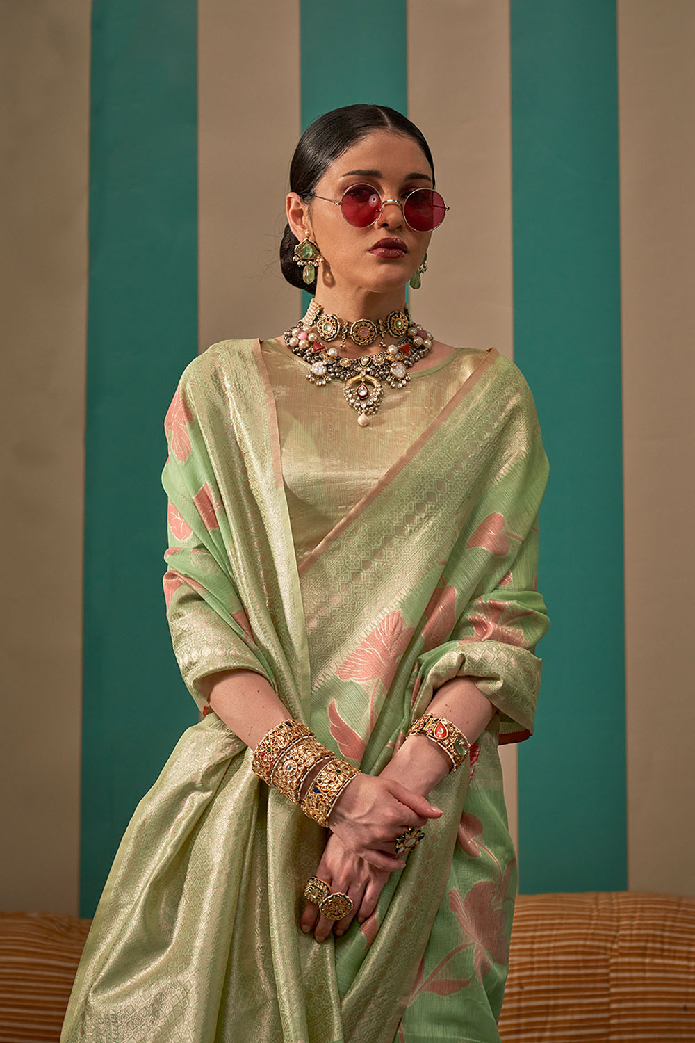 Nala Pistachio Green Silk Woven Ready to Wear One Minute Saree