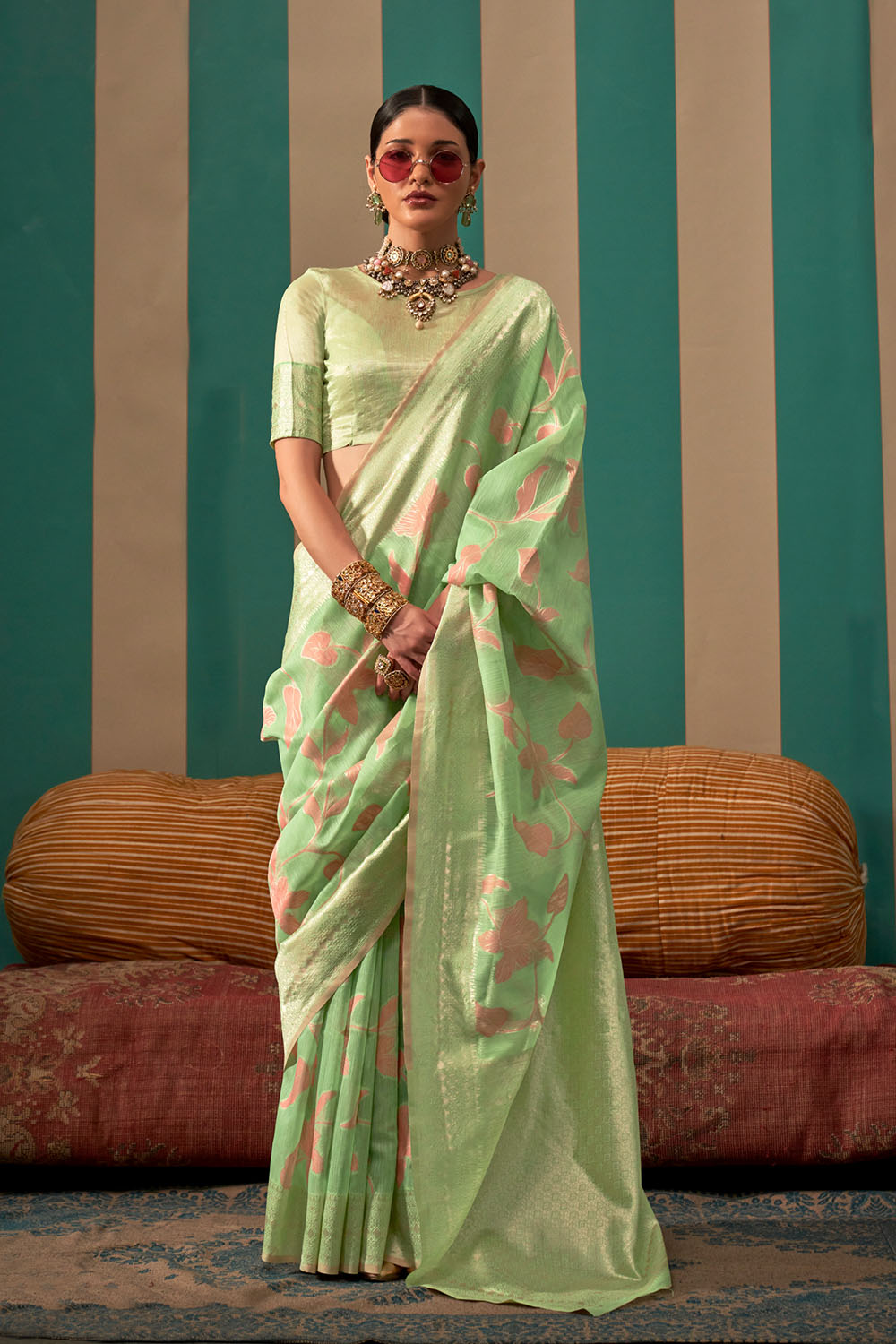 Nala Pistachio Green Silk Woven Ready to Wear One Minute Saree