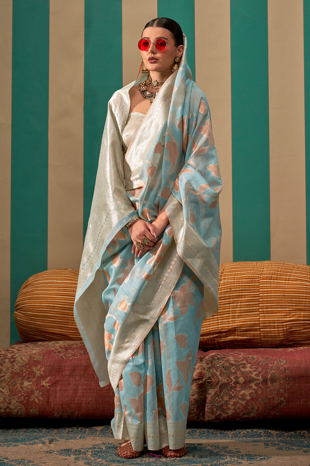 Nala  Blue Silk Woven Ready to Wear One Minute Saree