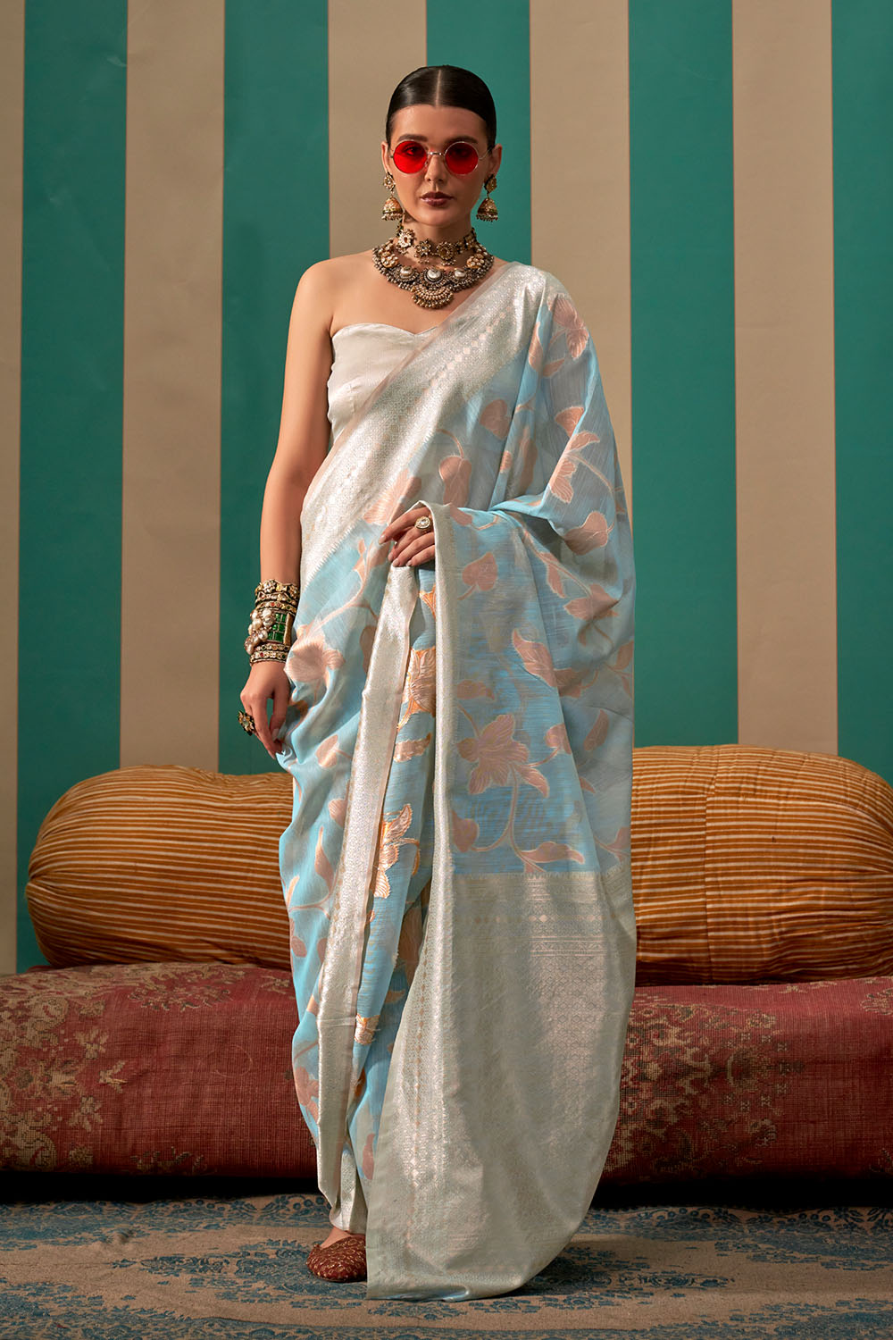 Nala  Blue Silk Woven Ready to Wear One Minute Saree